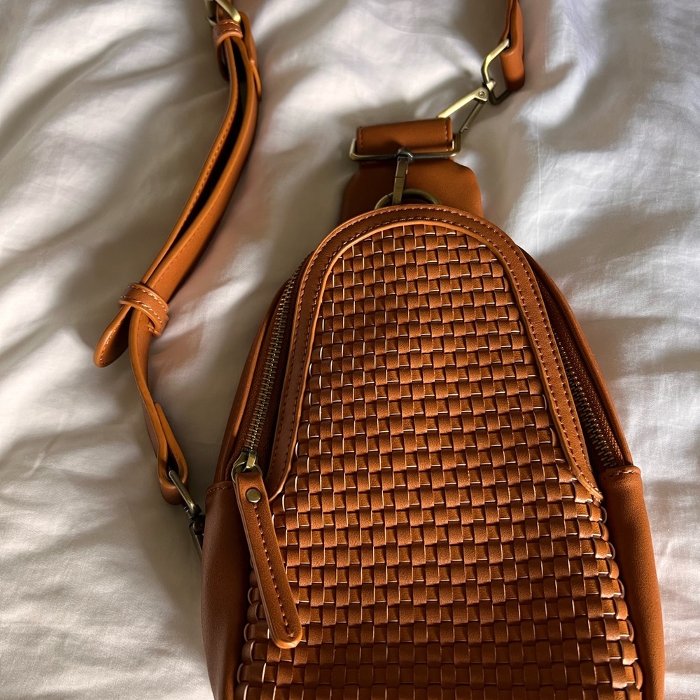 Woven Tan Leather Crossbody Bag